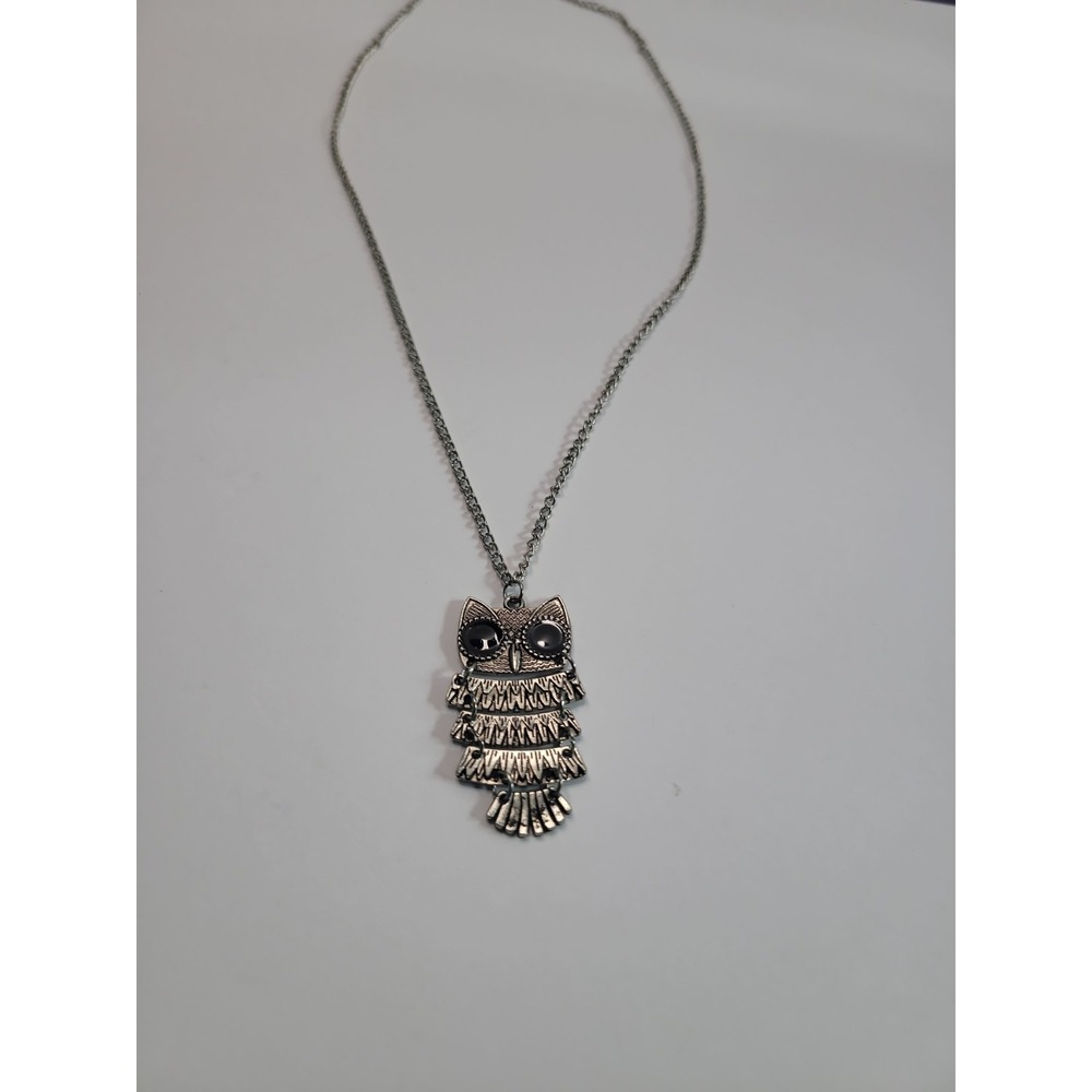Silver Tone Articulated Owl Pendant Necklace Black Eyes Boho Statement Jewelry - Picture 5 of 9